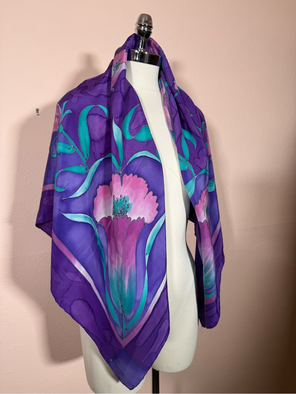 Vintage 1990 Hand made silk Purple Pink floral Oversized Silk Scarf